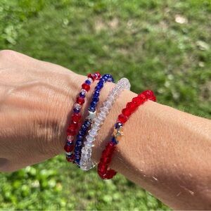 Bracelet Set of 4 Red White Blue Crystal Beaded Jewelry USA Stretch Bracelets